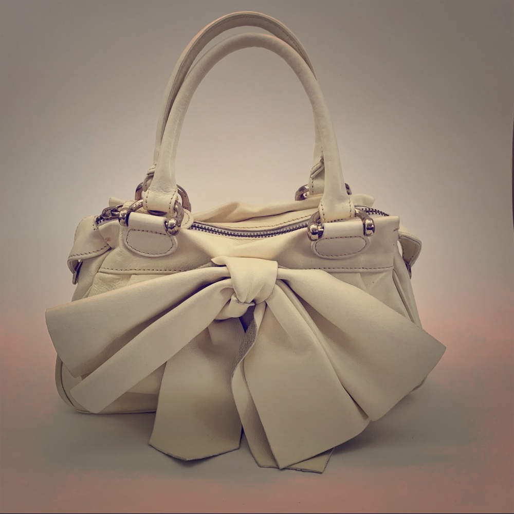 Italian Leather Purse ivory big bow small handbag